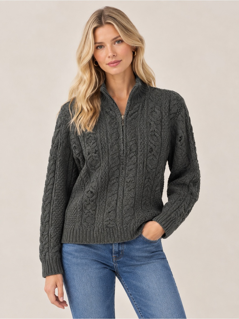 Vintage Aran Crafts 100% Wool Womens M Gray Zipper Cable Knit Cardigan Sweater